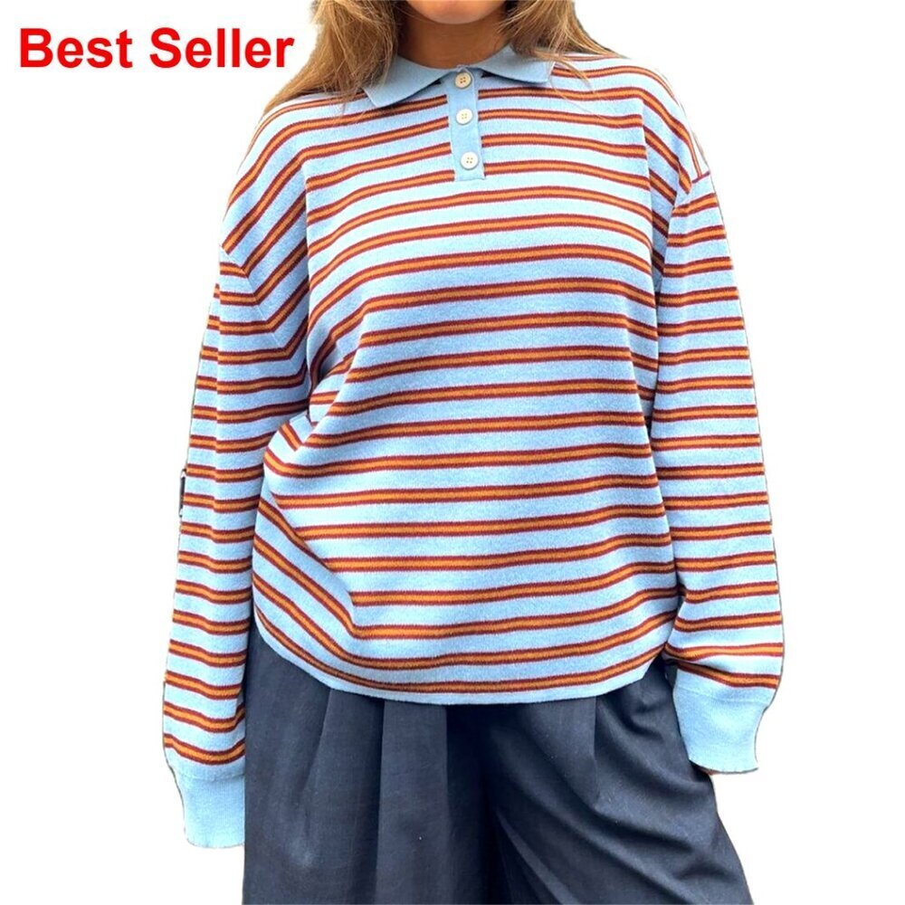 Striped Rugby Polo Knit Sweatshirt Long Sleeve Button Collar Preppy Pullover